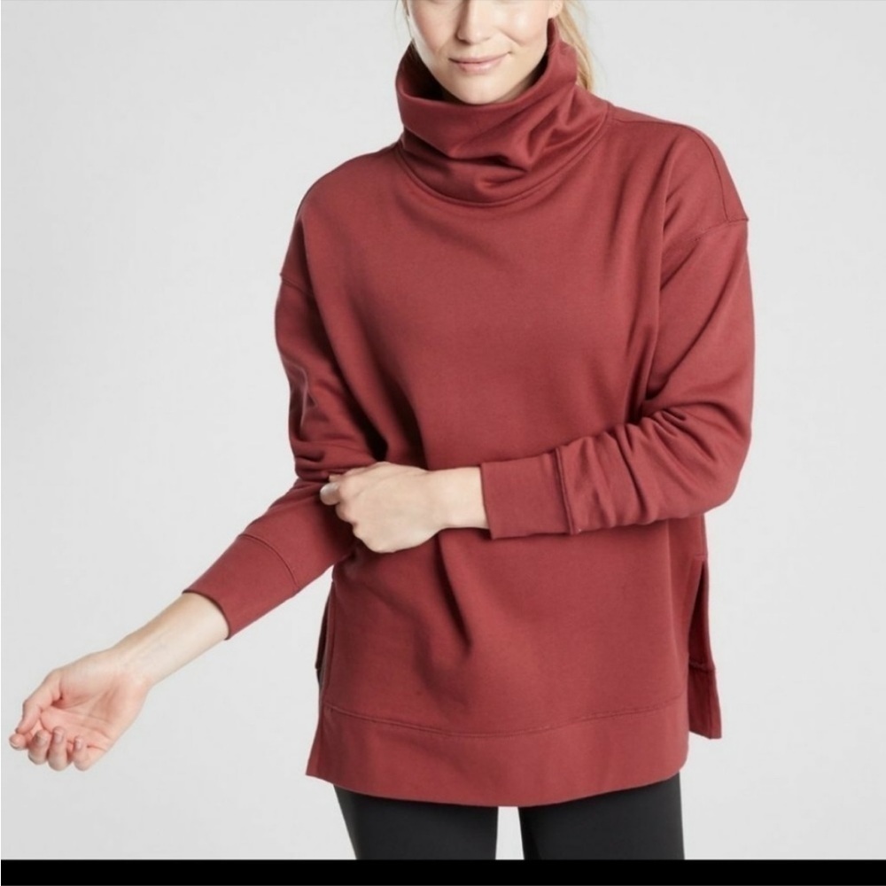 Athleta Clay Funnel Neck Long Sleeve Sweater Maple Red Fleece French Terry Sz XS